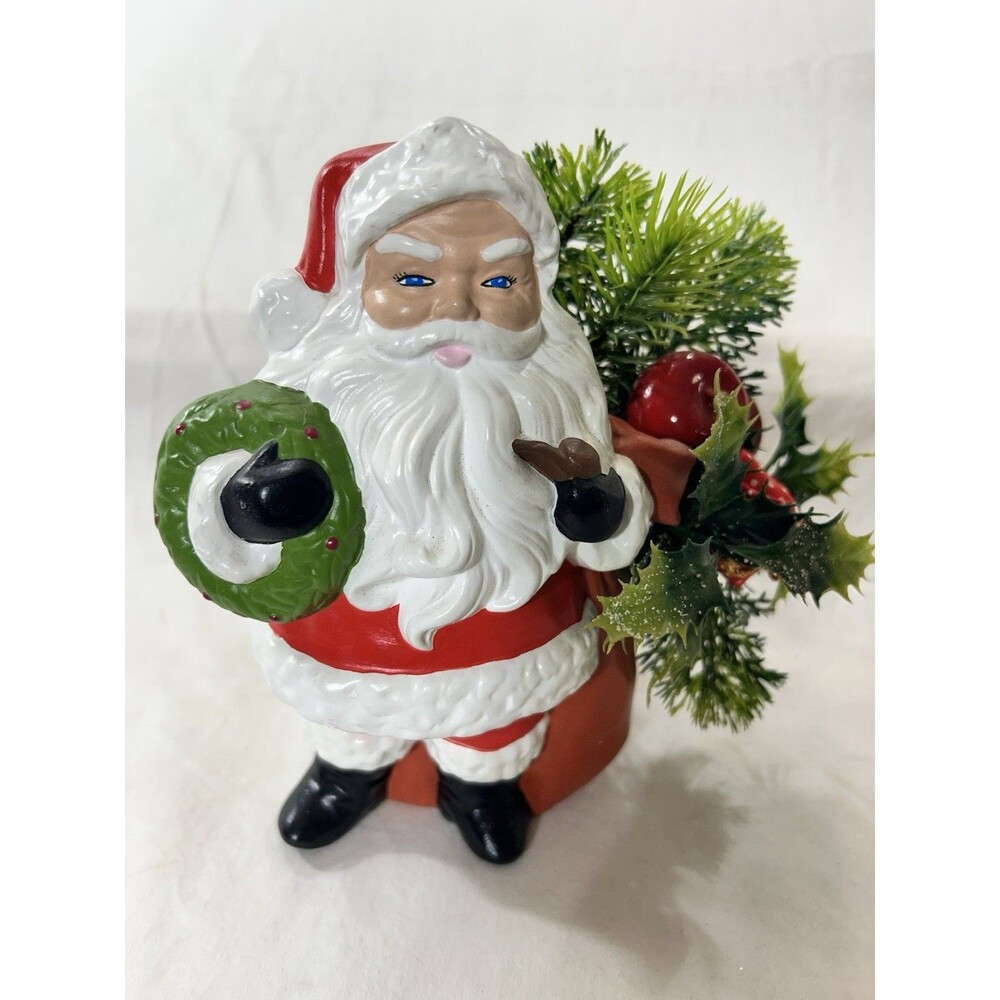 Vintage Mid Century Santa Claus Ceramic Planter Hand Painted Pipe Wreath Christm